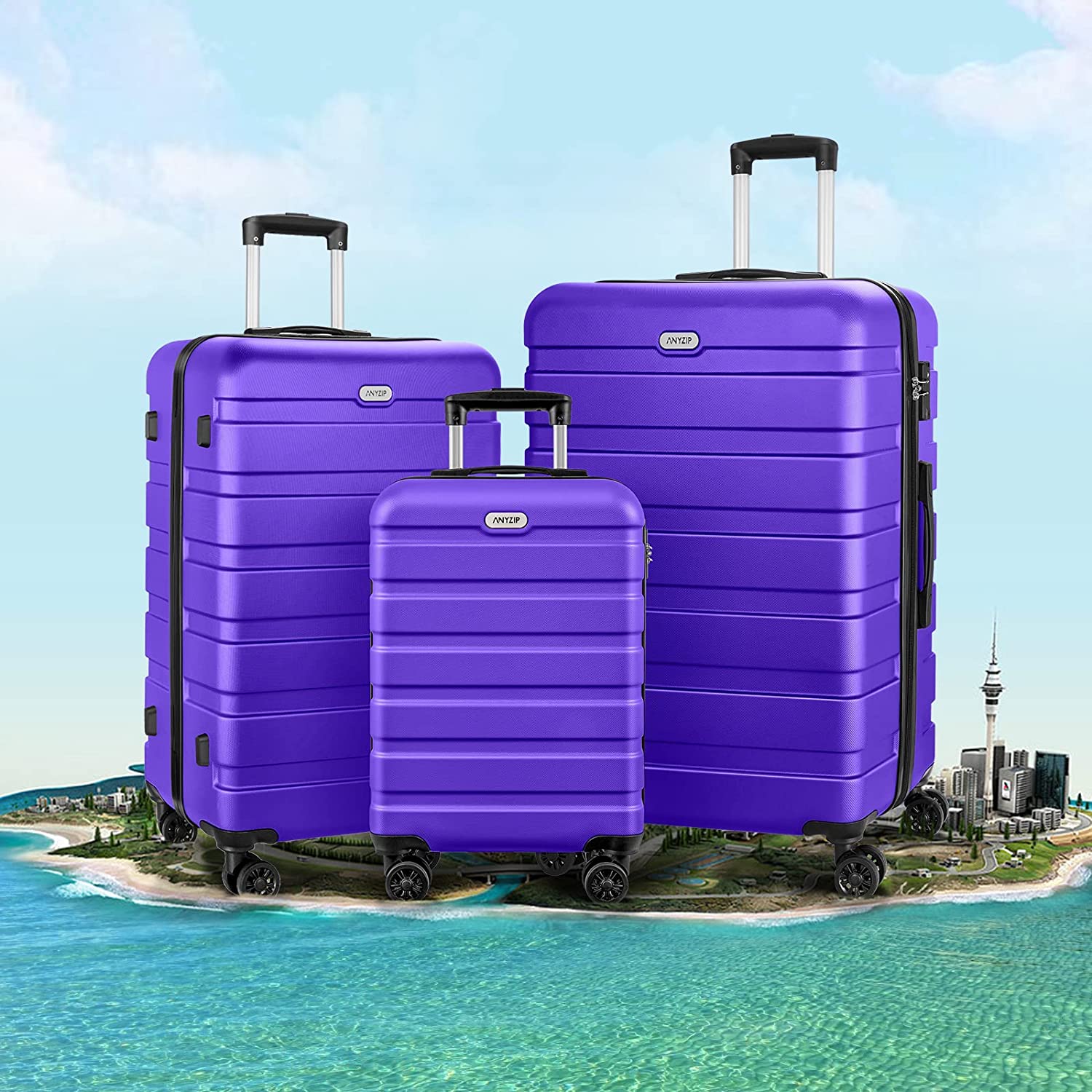 AnyZip Luggage Sets 3 Piece PC ABS Hardside Lightweight Suitcase with 4 Universal Wheels TSA Lock Carry On 20 24 28 Inch Light Blue - Image 2